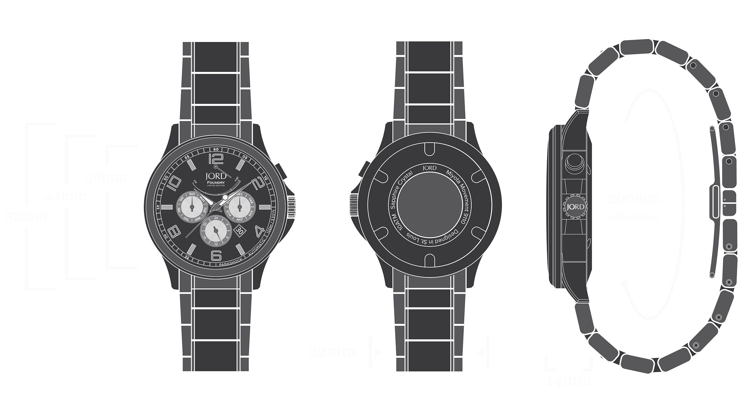 Foundry - Blue Maze & Stainless Steel Watch Diagram